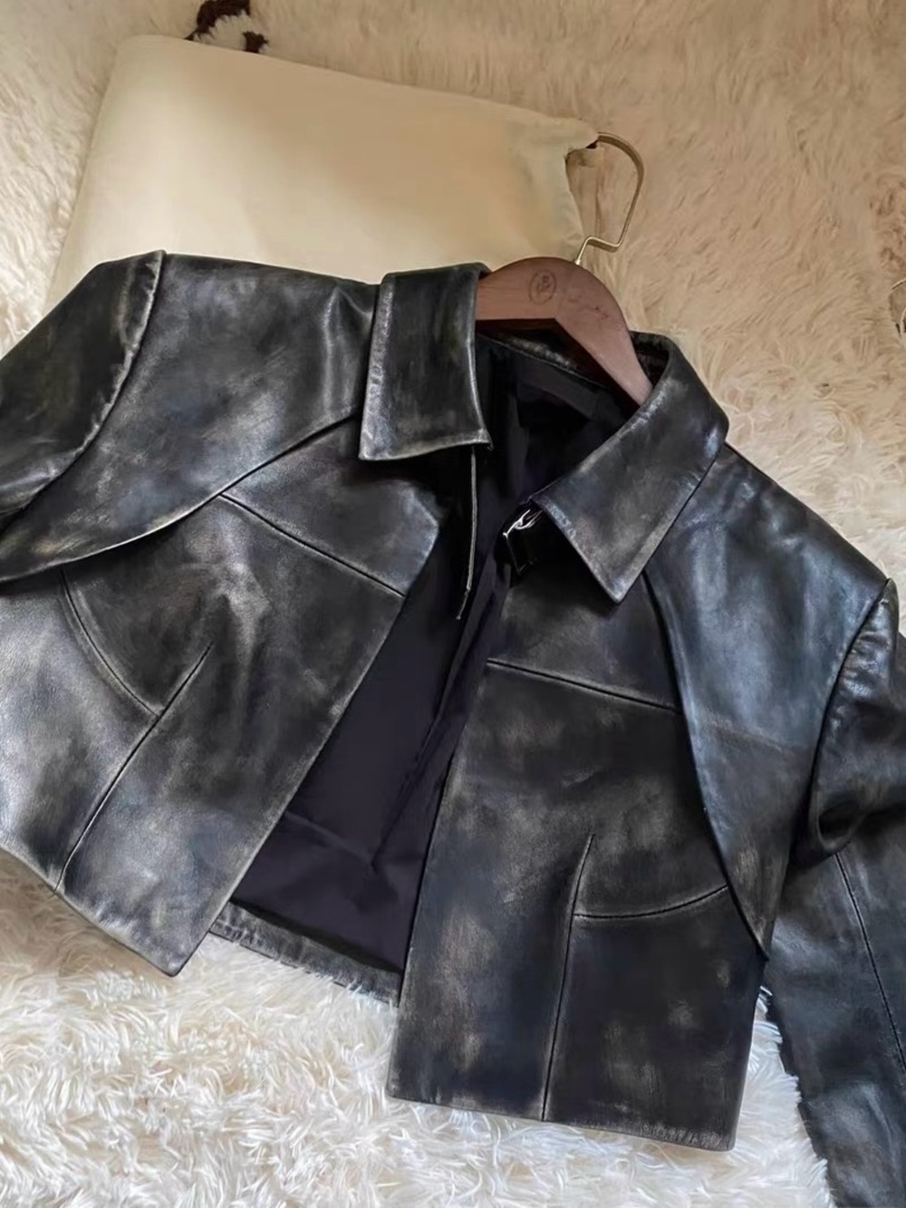 Bouncy Tune Cropped Distressed Leather Jacket — Genuine Sheepskin